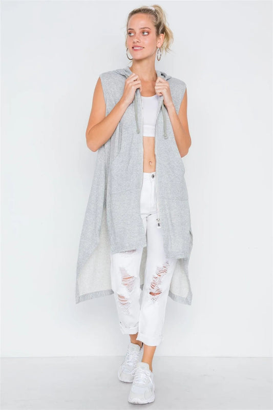 Heather Grey Sleeveless Zip-Up Hooded Knit Vest - Tasha Apparel Wholesale