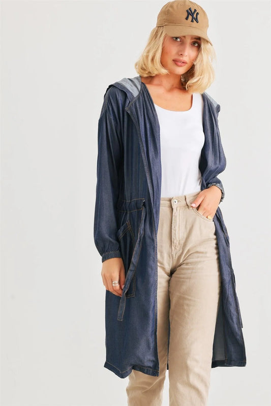 Navy Denim Print Cotton Blend Two Pocket Belted Hooded Jacket /3-2-1 - Tasha Apparel Wholesale