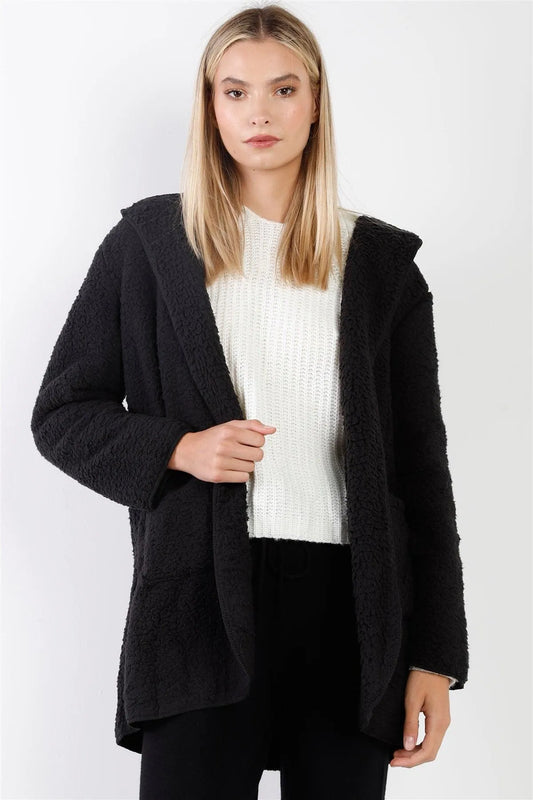 Black Oversized Fluffy Hooded Teddy Coat /1-2-2-1 - Tasha Apparel Wholesale