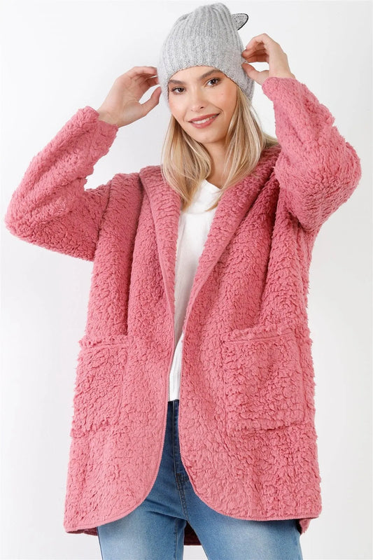 Mauve Oversized Fluffy Hooded Teddy Coat /2-1-2-1 - Tasha Apparel Wholesale