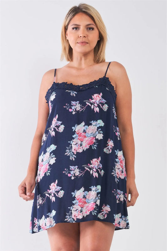 Junior Plus Size Navy Floral Crochet Boho Mini Cami Dress / 2-2-2 - Tasha Apparel Wholesale