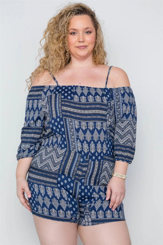 Junior Plus Size Multi Navy Paisley Print Cami Romper /2-2-2 - Tasha Apparel Wholesale