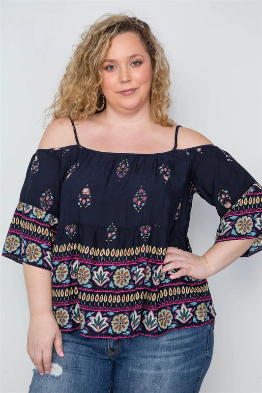 Plus Size Multi Navy Cami Open Shoulders Boho Top / 2-2-3 - Tasha Apparel Wholesale