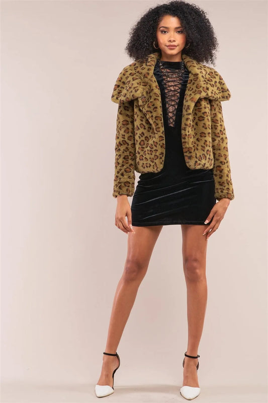 Green Leopard Print Faux Fur Open Front Oversized Collar Jacket /2-2-2 - Tasha Apparel Wholesale