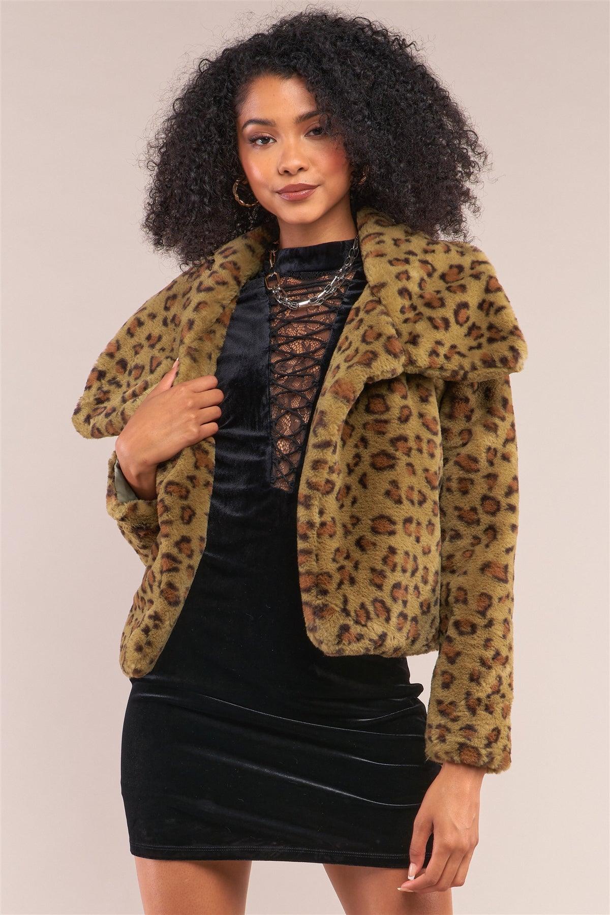 Green Leopard Print Faux Fur Open Front Oversized Collar Jacket /2-2-2