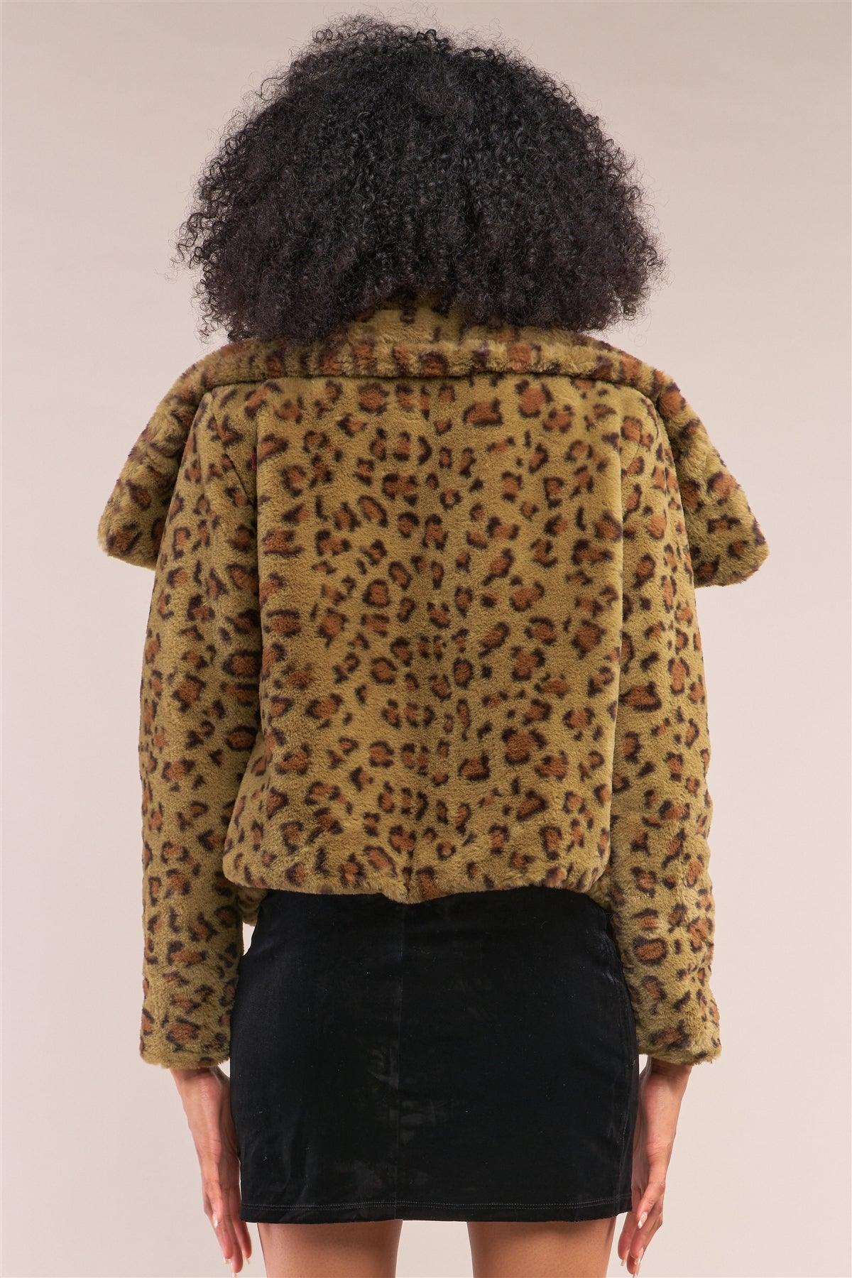 Green Leopard Print Faux Fur Open Front Oversized Collar Jacket /2-2-2