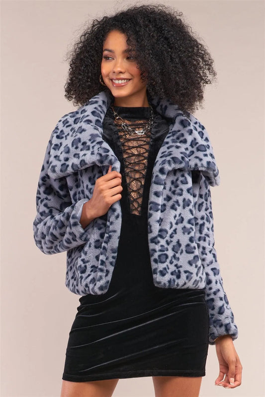 Grey Leopard Print Faux Fur Open Front Oversized Collar Jacket /2-2-2 - Tasha Apparel Wholesale