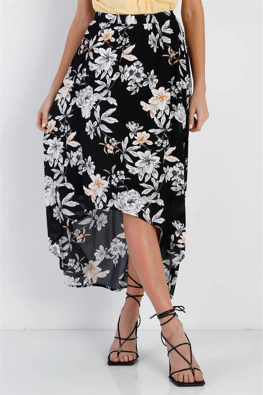 Black Floral Flowy Midi Skirt /1-2-2-1 - Tasha Apparel Wholesale