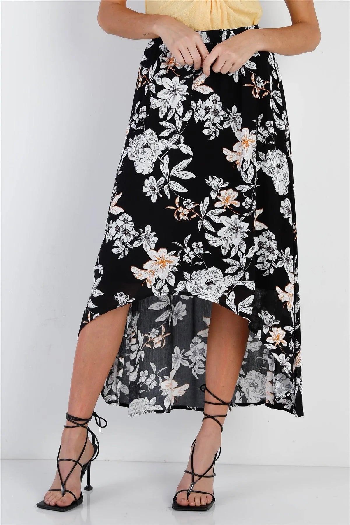 Black Floral Flowy Midi Skirt /1-1-2-1-1 - Tasha Apparel Wholesale