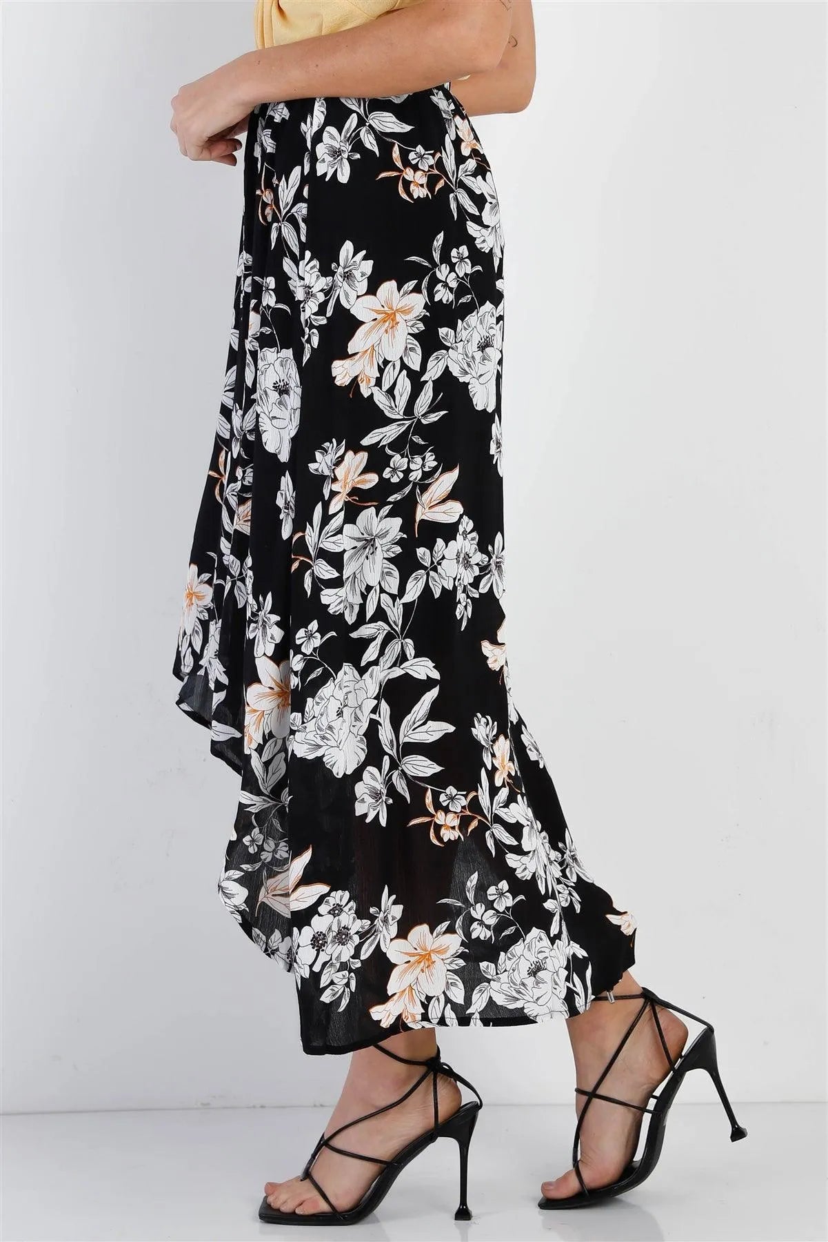 Black Floral Flowy Midi Skirt /1-1-2-1-1 - Tasha Apparel Wholesale