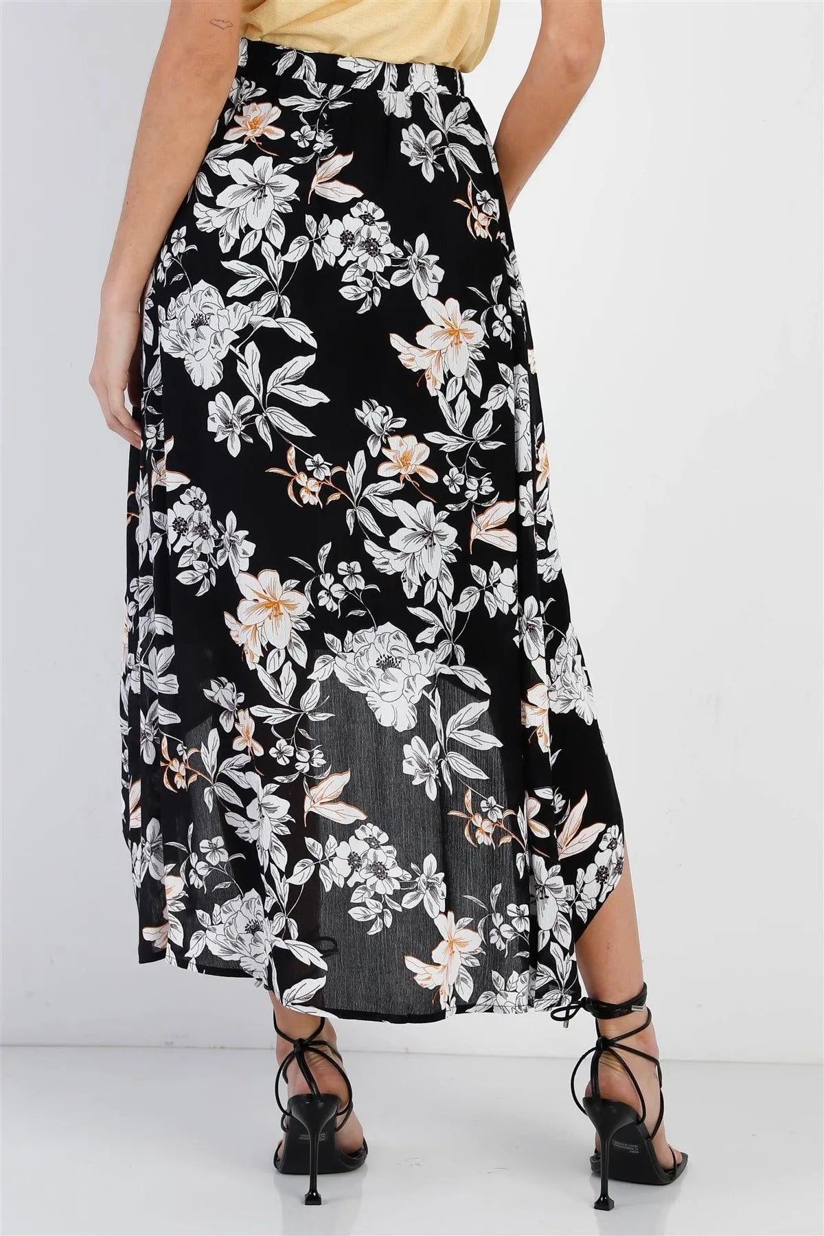 Black Floral Flowy Midi Skirt /1-1-2-1-1 - Tasha Apparel Wholesale