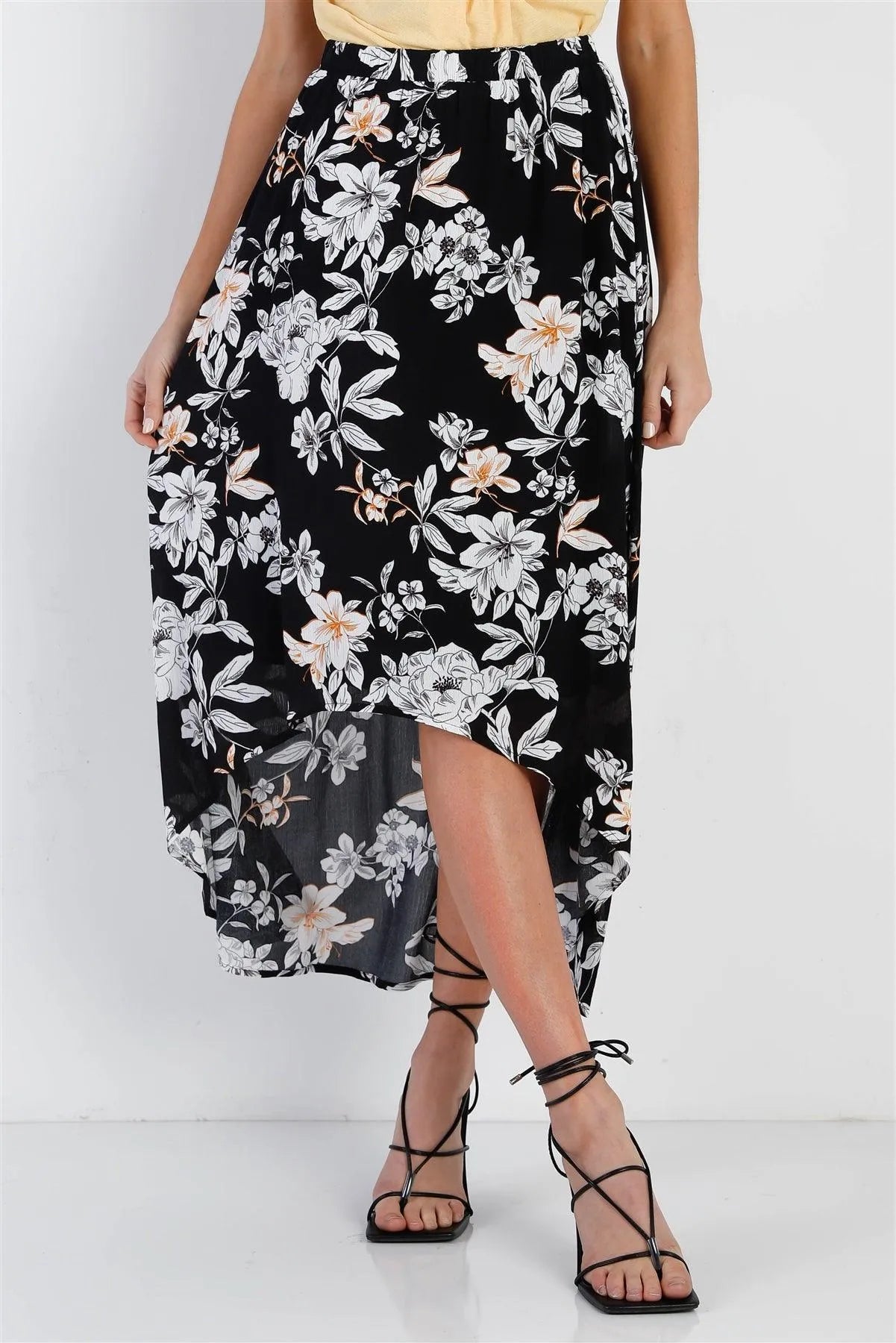 Black Floral Flowy Midi Skirt /1-1-2-1-1 - Tasha Apparel Wholesale