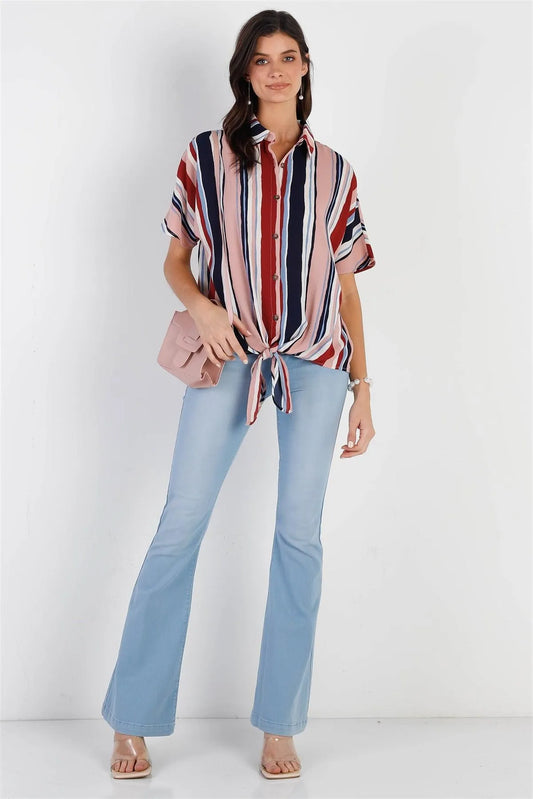 Mauve Multi Color Stripe Tie Detail Shirt Top /1-2-2-1 - Tasha Apparel Wholesale