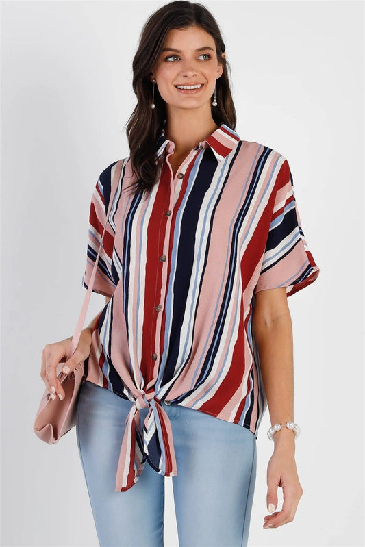 Mauve Multi Color Stripe Tie Detail Shirt Top /3-1-3 - Tasha Apparel Wholesale