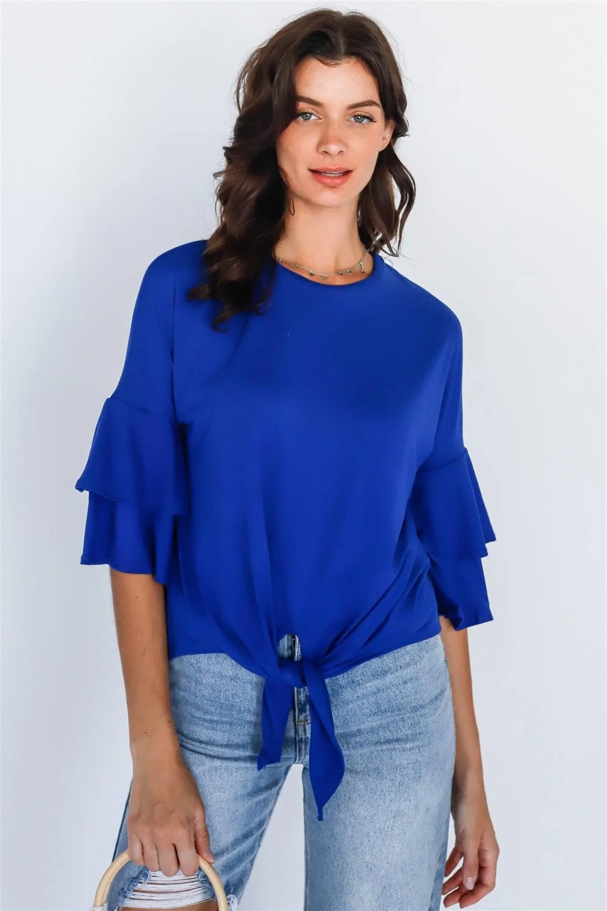 Royal Blue Tie Detail Bell Midi Sleeve Top - Tasha Apparel Wholesale