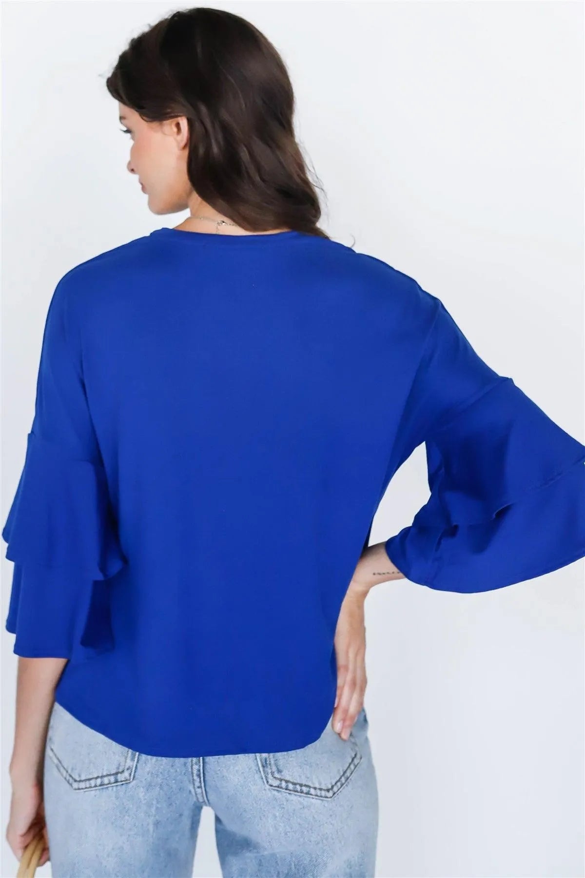 Royal Blue Tie Detail Bell Midi Sleeve Top - Tasha Apparel Wholesale
