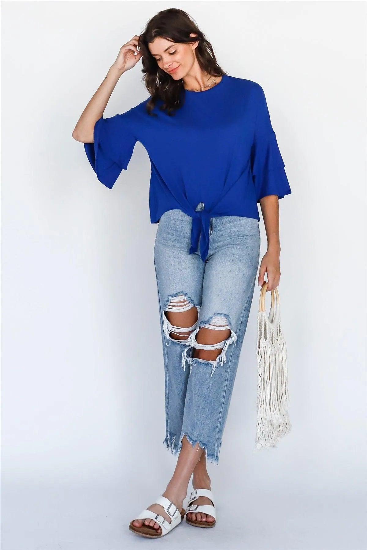 Royal Blue Tie Detail Bell Midi Sleeve Top - Tasha Apparel Wholesale