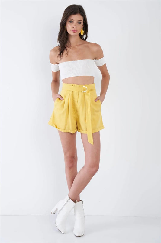 Banana Yellow High Waist Tie Sash Pleated Cuffed Hem Mini Shorts /3-2-1 - Tasha Apparel Wholesale