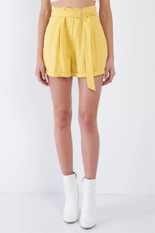 Banana Yellow High Waist Tie Sash Pleated Cuffed Hem Mini Shorts /4-2-1 - Tasha Apparel Wholesale