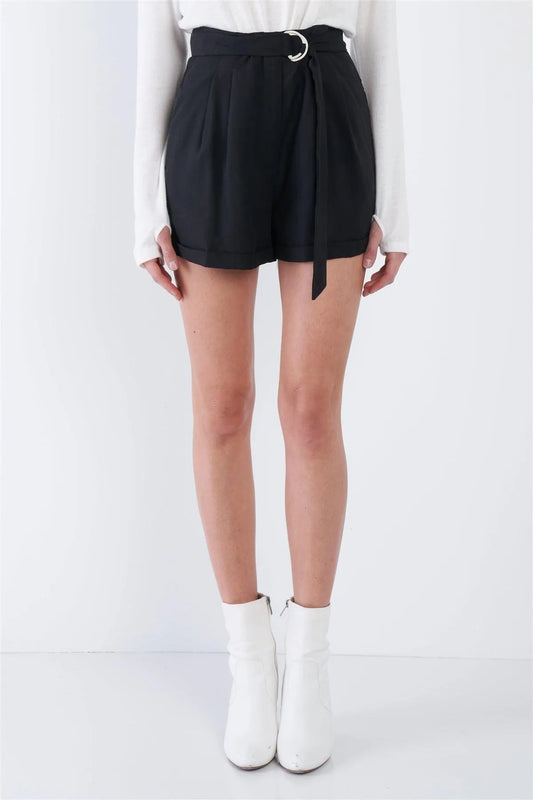 Black High Waist Tie Sash Pleated Cuffed Hem Mini Shorts /4-2-1 - Tasha Apparel Wholesale