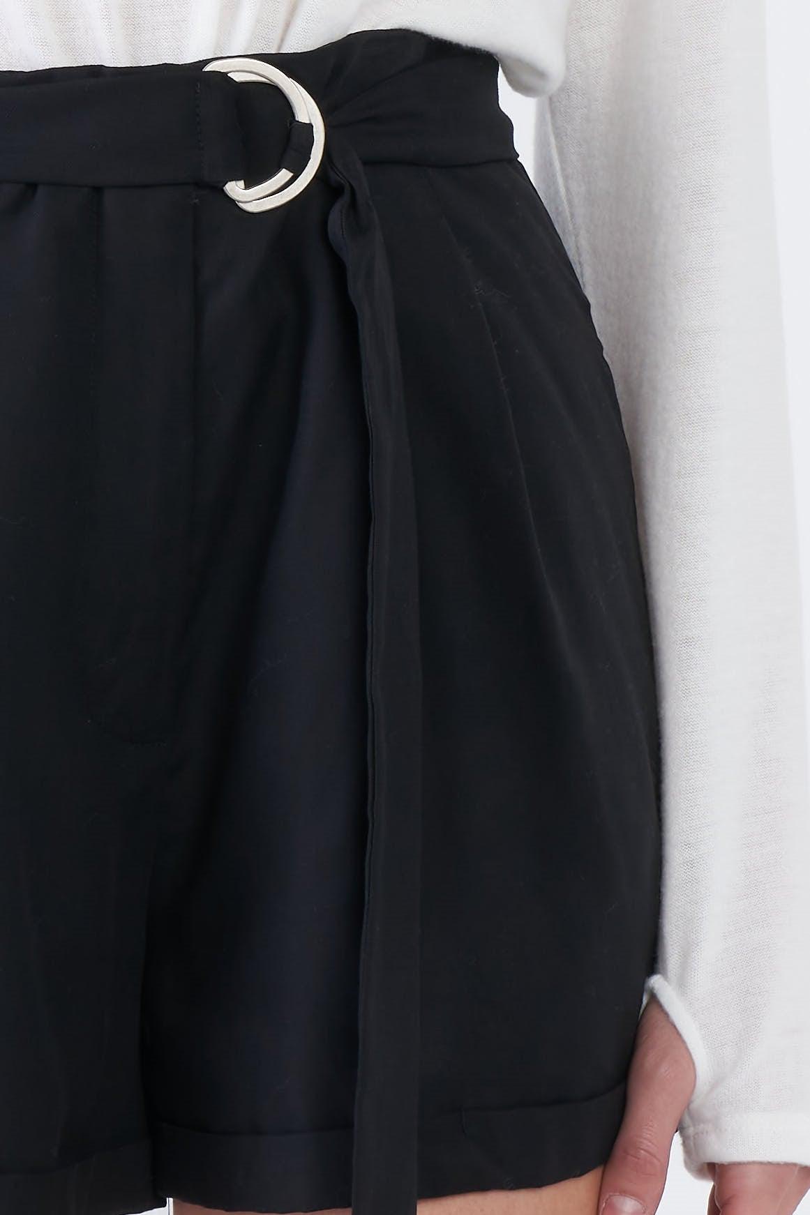 Black High Waist Tie Sash Pleated Cuffed Hem Mini Shorts /4-2-1
