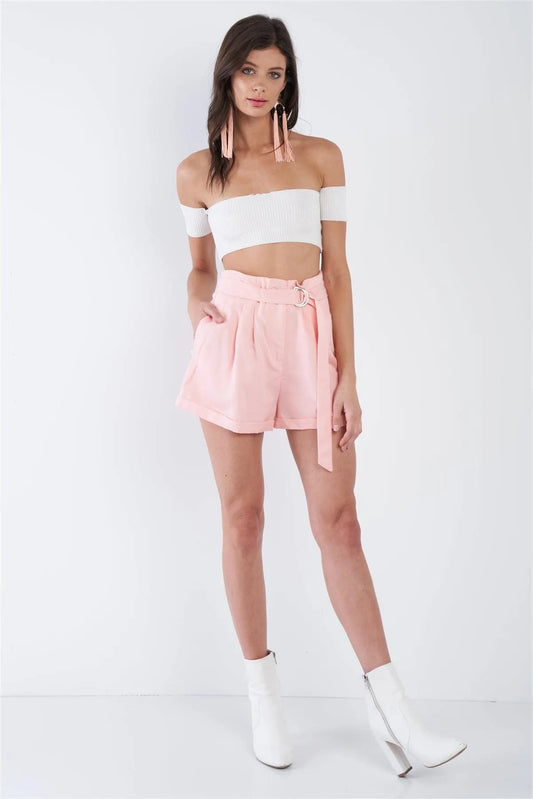 Blush High Waist Tie Pleated Cuffed Hem Mini Shorts - Tasha Apparel Wholesale