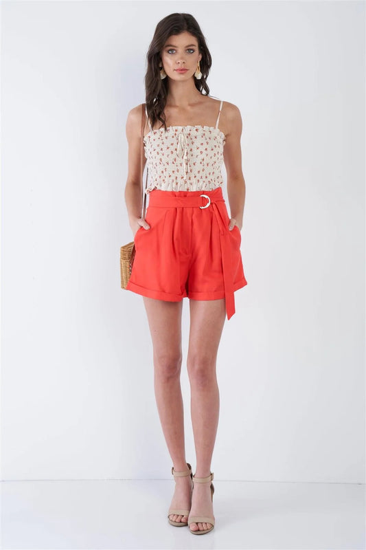 Coral Red High Waist Tie Sash Pleated Cuffed Hem Mini Shorts /3-2-1 - Tasha Apparel Wholesale
