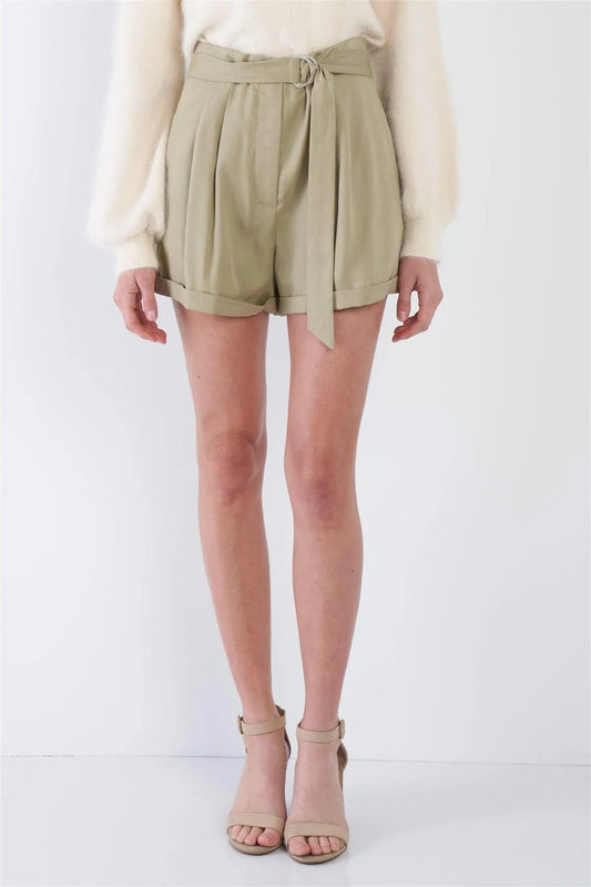 Olive High Waist Tie Sash Pleated Cuffed Hem Mini Shorts /3-2-1 - Tasha Apparel Wholesale