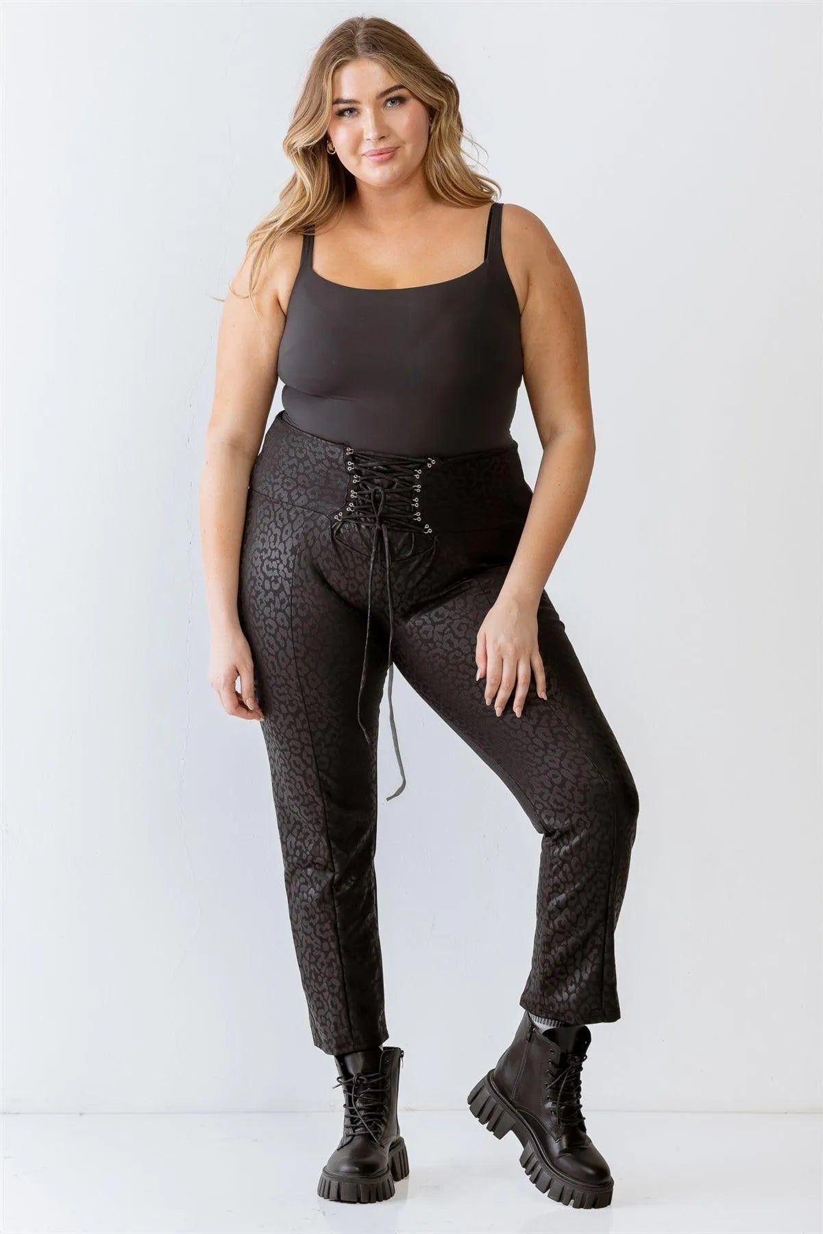 Junior Plus Black Leopard Print Lace-Up Detail Fitted Pants /1-1-1 - Tasha Apparel Wholesale