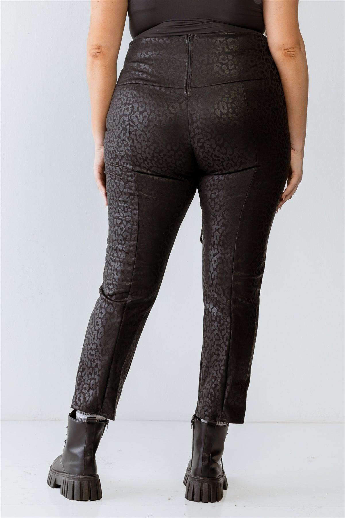 Junior Plus Black Leopard Print Lace-Up Detail Fitted Pants /1-1-1