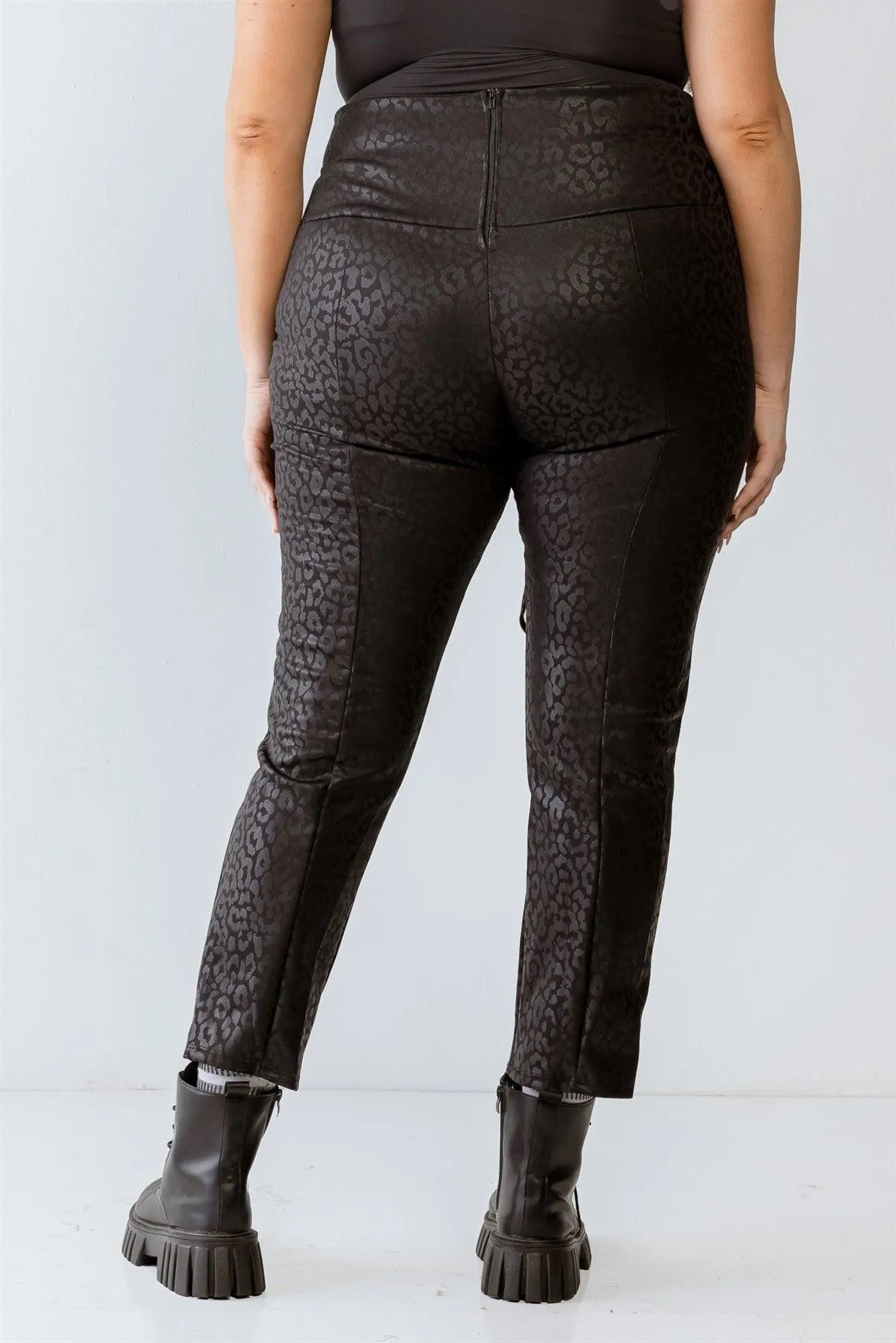Junior Plus Black Leopard Print Lace-Up Detail Fitted Pants /1-1-1 - Tasha Apparel Wholesale
