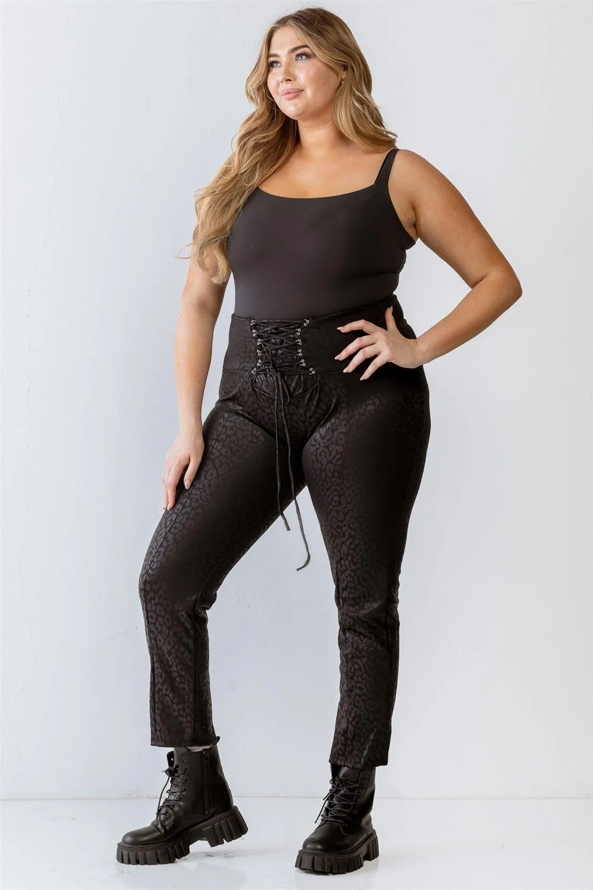 Junior Plus Black Leopard Print Lace-Up Detail Fitted Pants /1-1-1 - Tasha Apparel Wholesale
