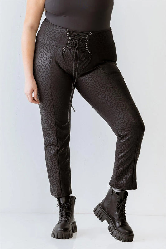 Junior Plus Black Leopard Print Lace-Up Detail Fitted Pants /2-1-1 - Tasha Apparel Wholesale