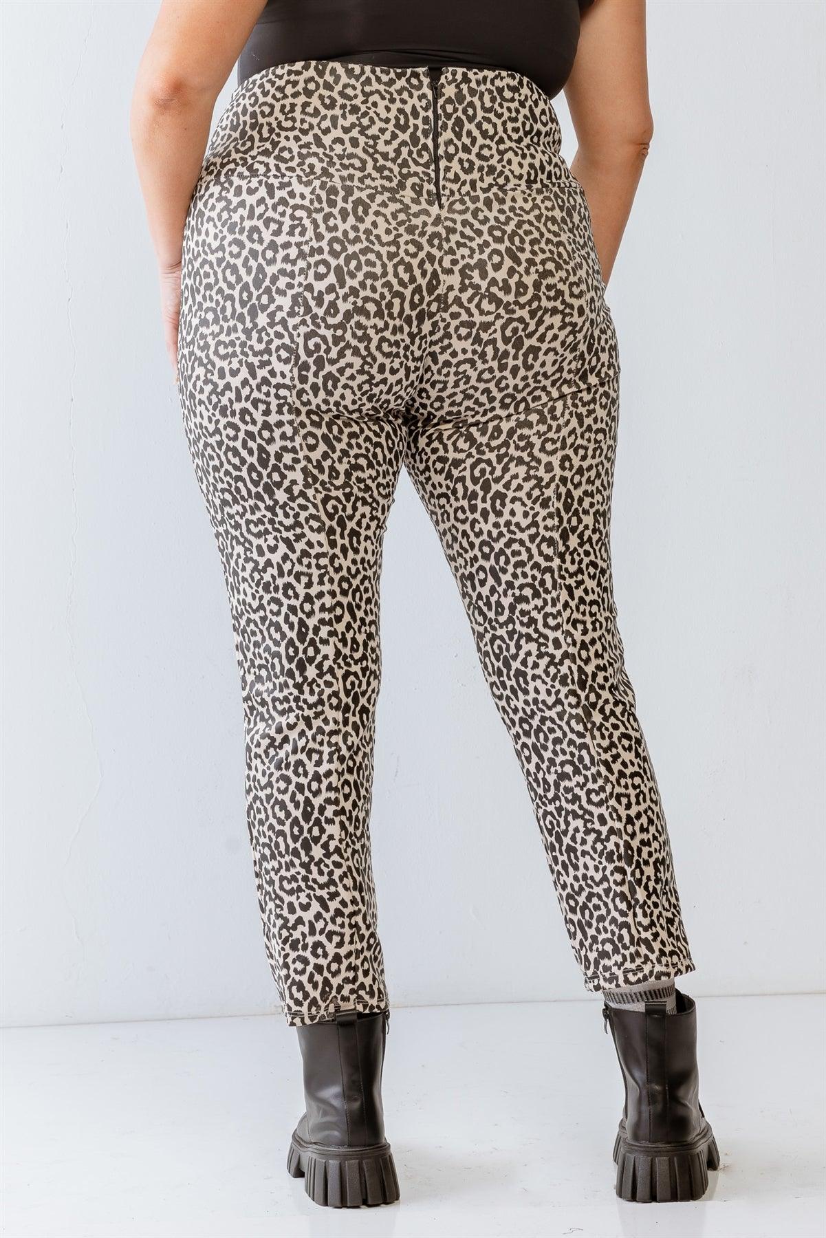 Junior Plus Cream & Black Leopard Print Lace-Up Detail Fitted Pants /1-1-1