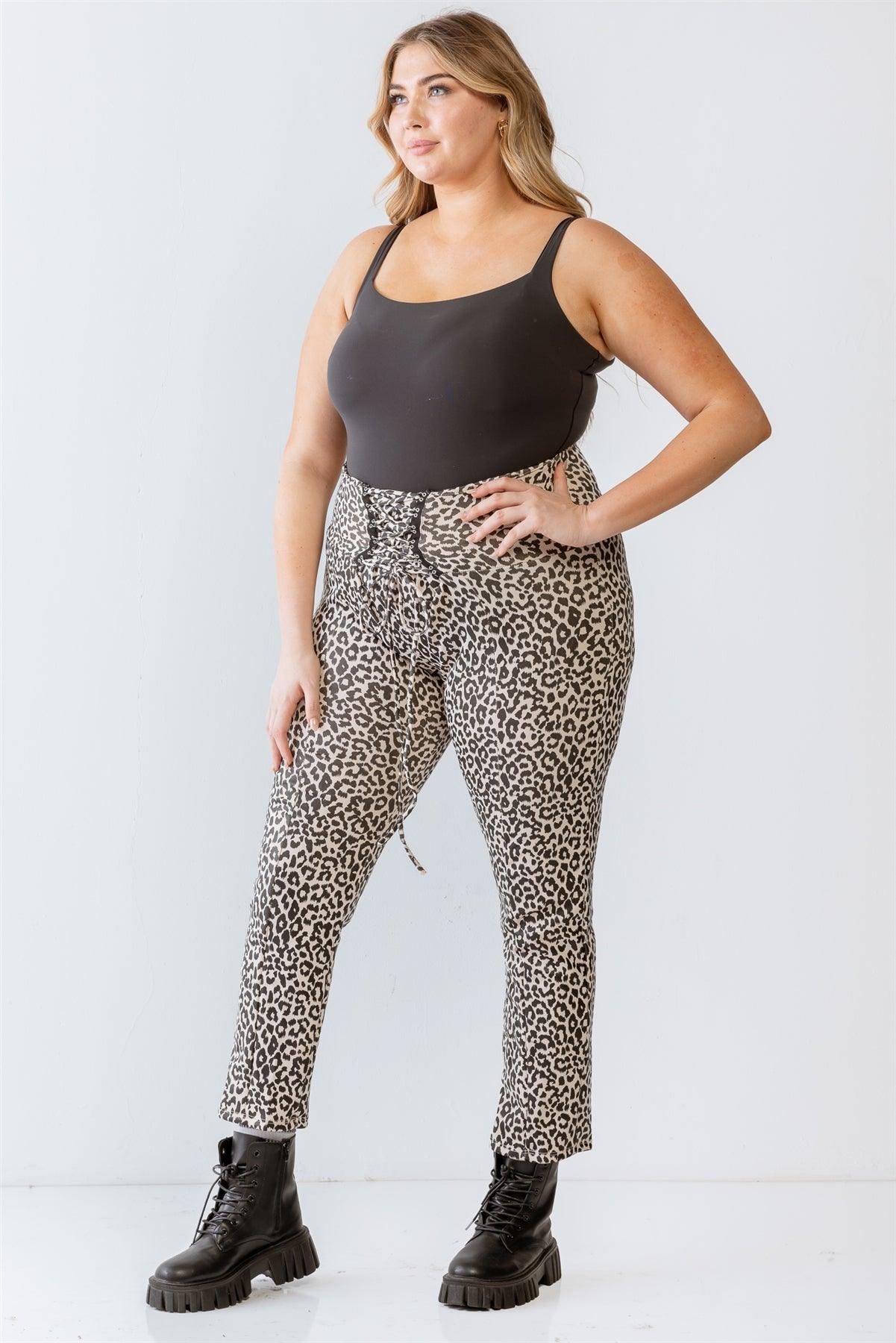 Junior Plus Cream & Black Leopard Print Lace-Up Detail Fitted Pants /1-1-1