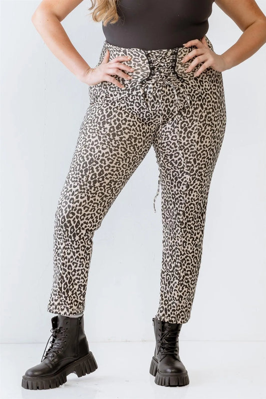 Junior Plus Cream & Black Leopard Print Lace-Up Detail Fitted Pants /2-2-1 - Tasha Apparel Wholesale
