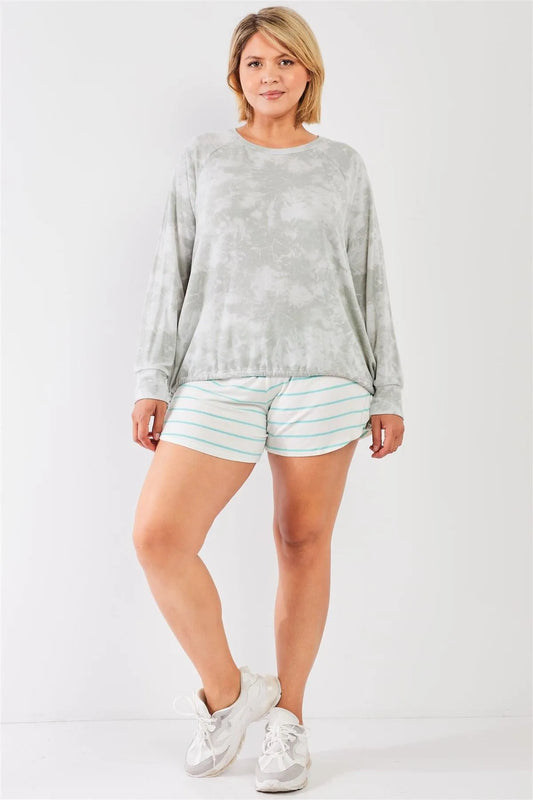 Plus Size Ivory-Mint Striped High Waist Split Sides Lounge Mini Shorts - Tasha Apparel Wholesale