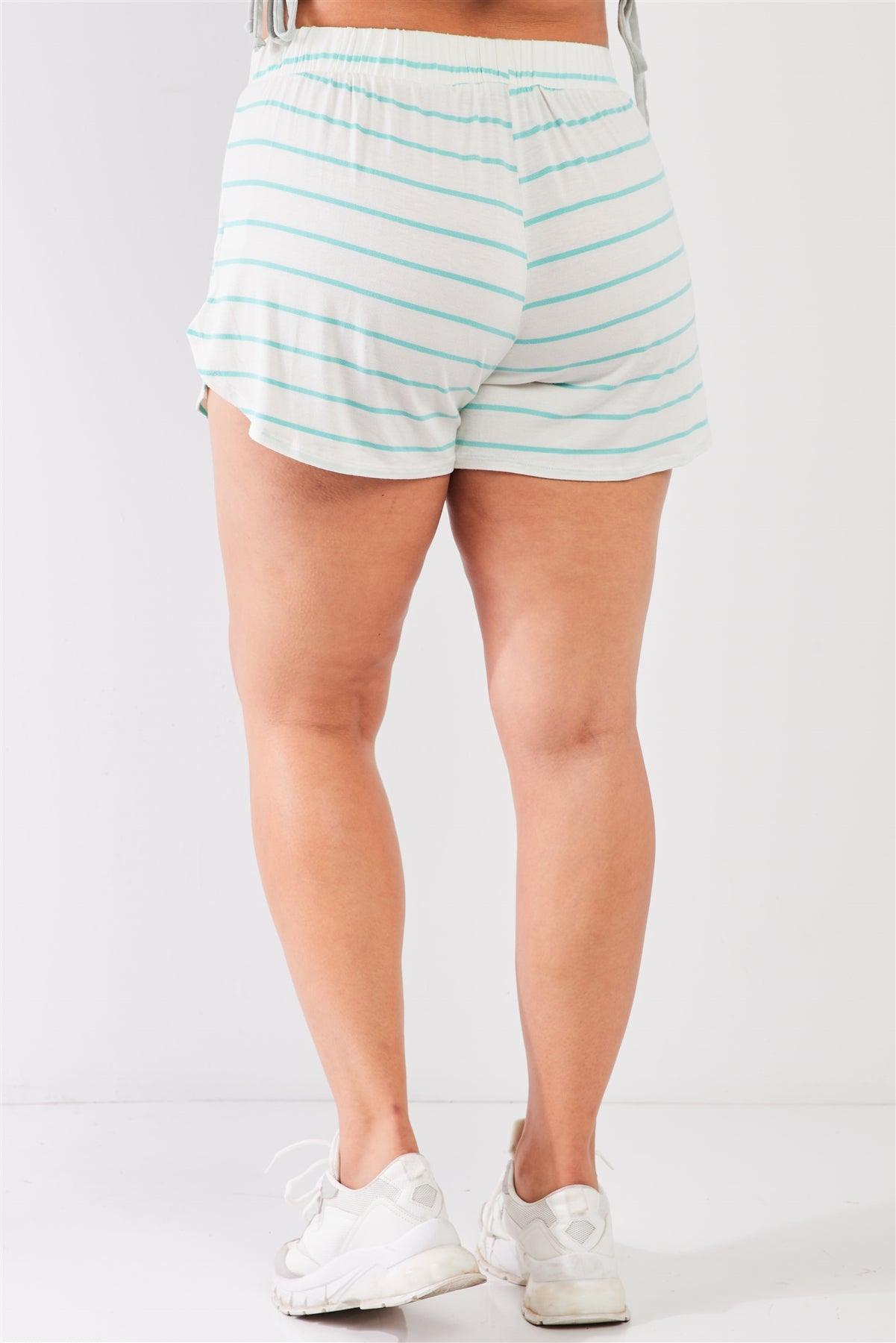 Junior Plus Size Ivory-Mint Striped High Waist Split Sides Relaxed Lounge Mini Shorts