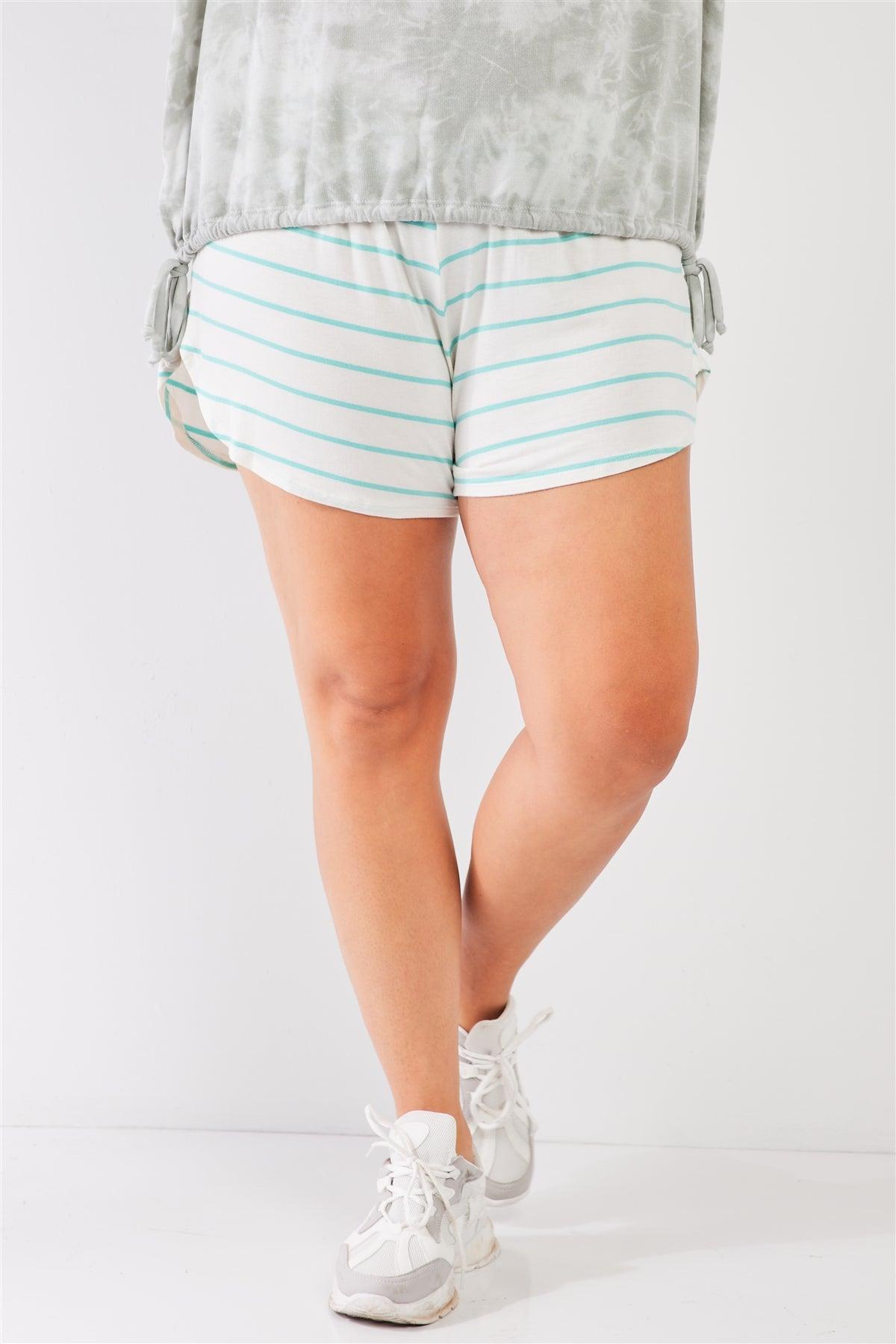 Junior Plus Size Ivory-Mint Striped High Waist Split Sides Relaxed Lounge Mini Shorts