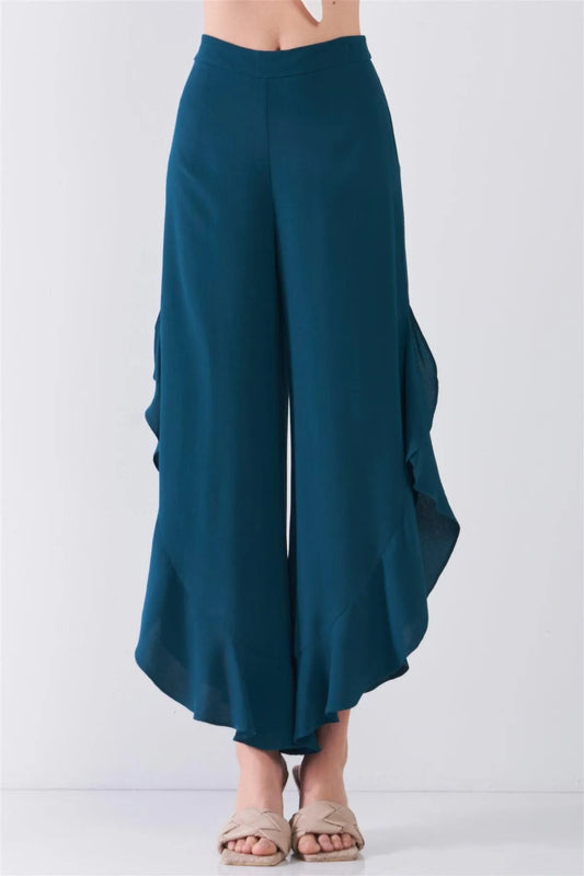 Dark-Green High-Waisted Ruffle Side Slit Wide Leg Pants /3-2-1 - Tasha Apparel Wholesale