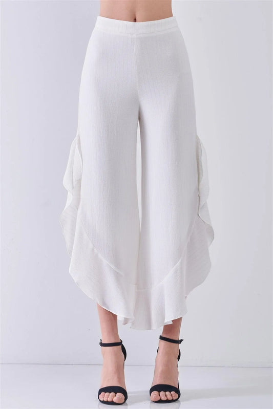 Ivory Silver Striped High-Waisted Ruffle Side Slit Midi Pants /3-2-1 - Tasha Apparel Wholesale