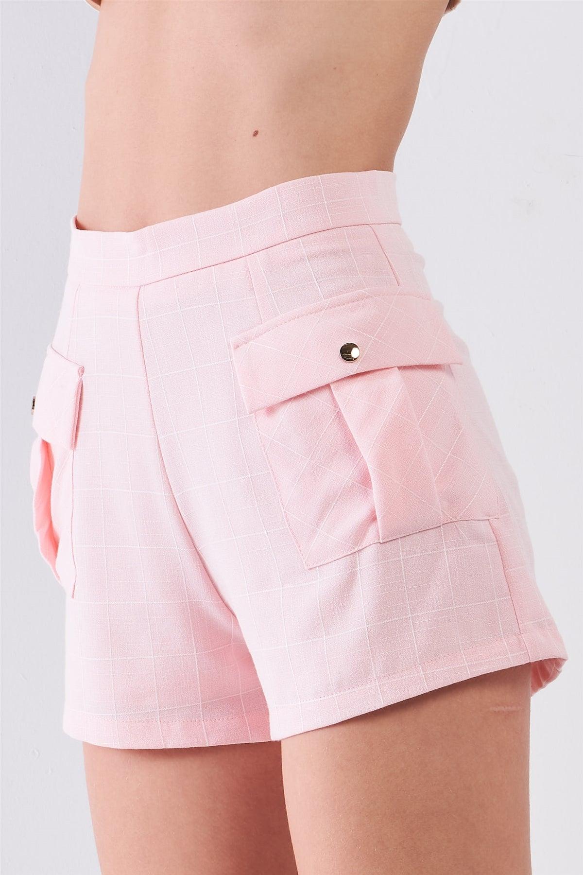 Light Pink Checkered High-Waisted Side Cargo Pockets Shorts