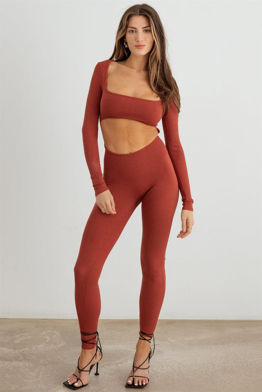 Terracotta Ribbed Cut-Out Front Long Sleeve Jumpsuit /2-2-2
