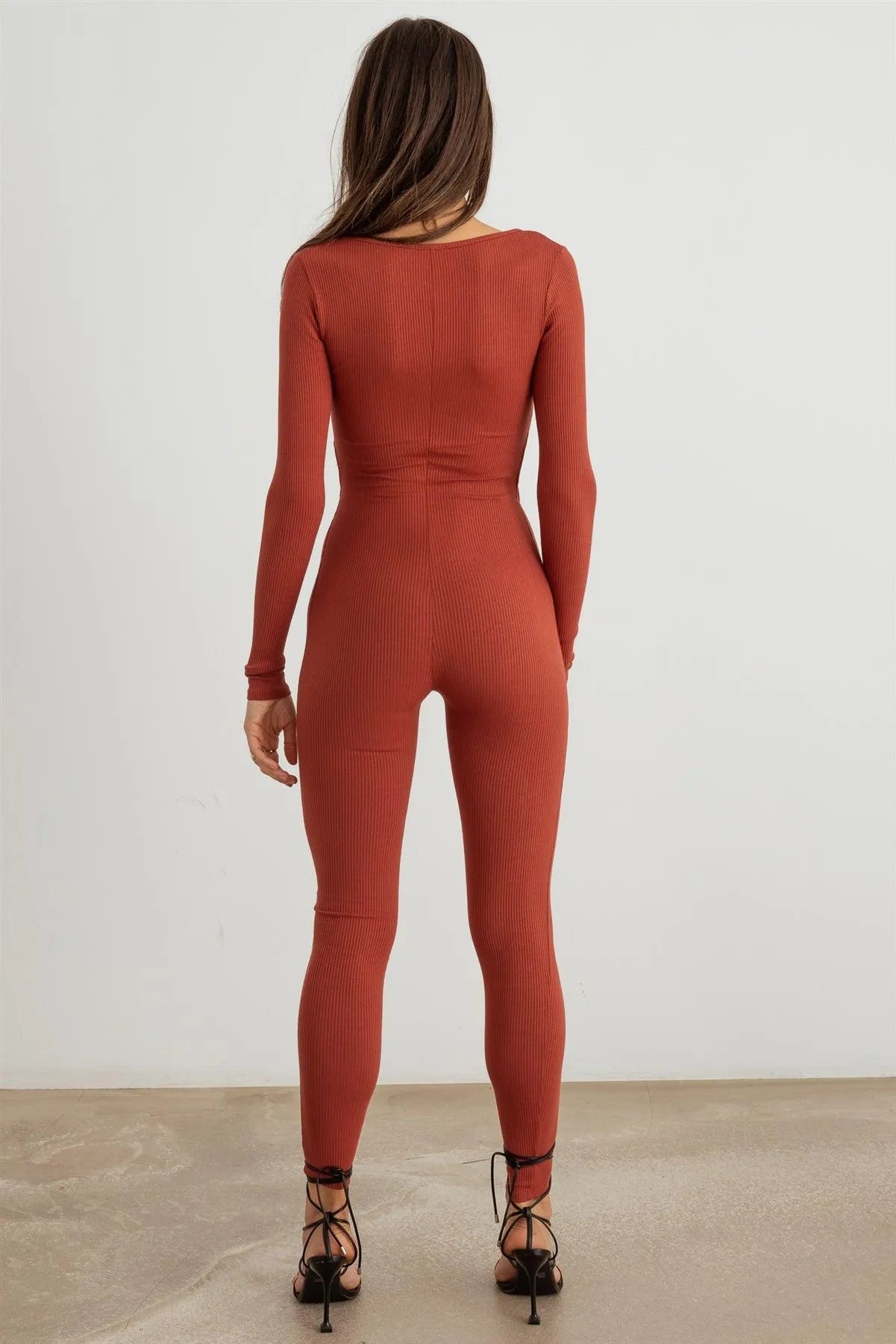 Ribbed Front Cut-Out Long Sleeve Jumpsuit - Tasha Apparel Wholesale
