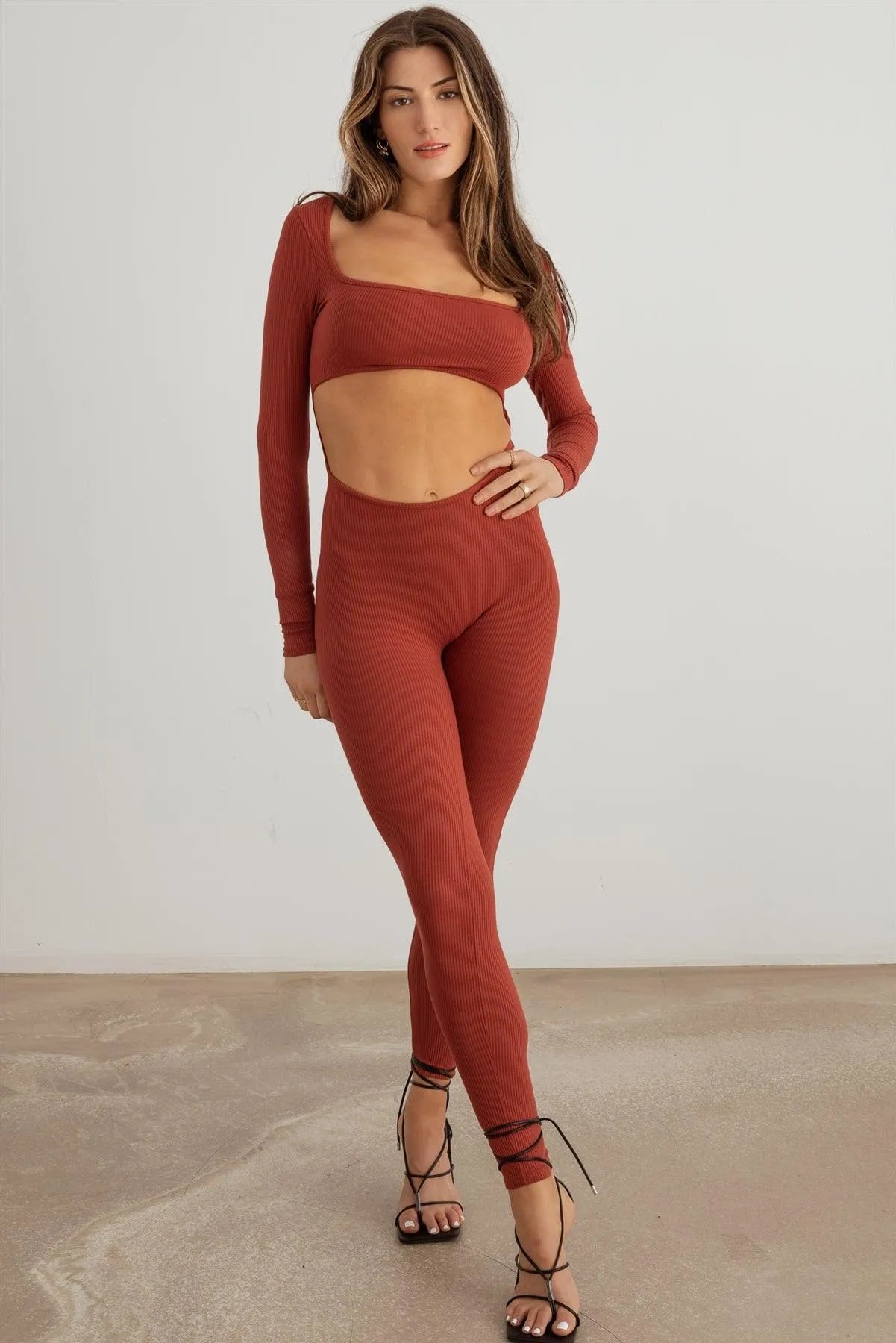 Ribbed Front Cut-Out Long Sleeve Jumpsuit - Tasha Apparel Wholesale