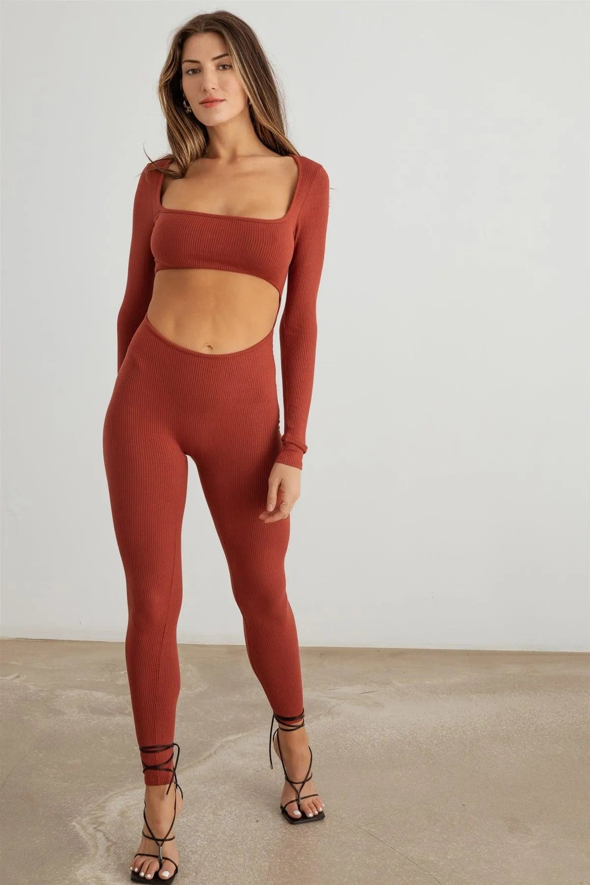 Ribbed Front Cut-Out Long Sleeve Jumpsuit - Tasha Apparel Wholesale