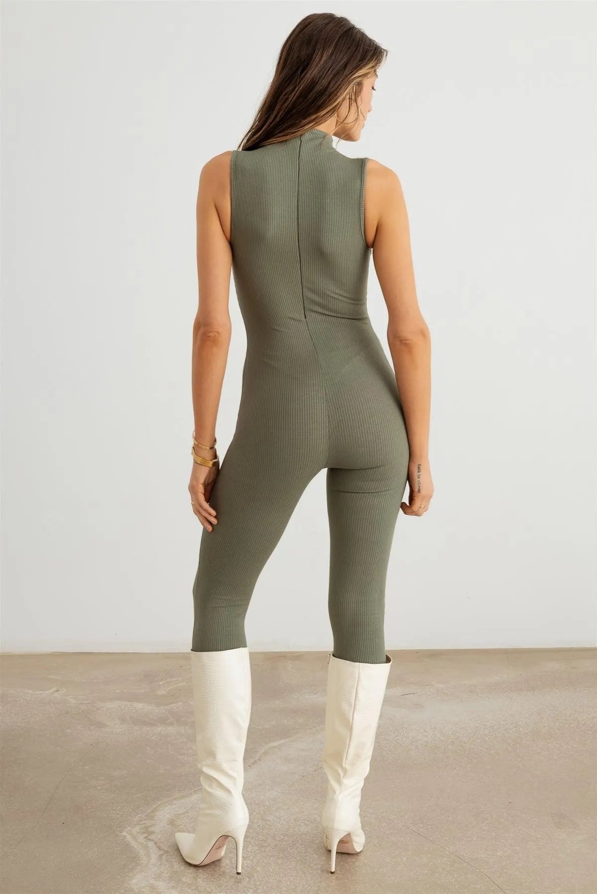Sage Ribbed Cut-Out Sleeveless Snatched Jumpsuit - Tasha Apparel Wholesale