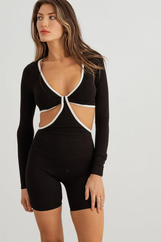 Black & White Ribbed Front Knot Cut-Out Long Sleeve Romper /2-2-2
