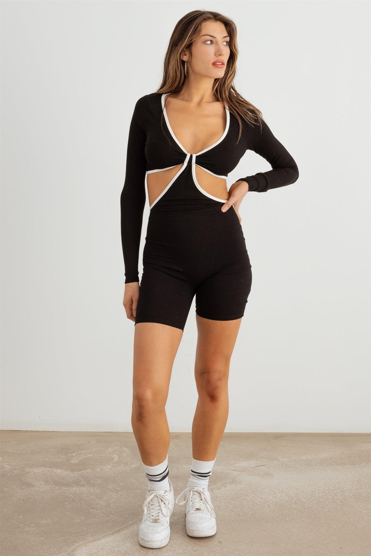 Black & White Ribbed Front Knot Cut-Out Long Sleeve Romper /2-2-2