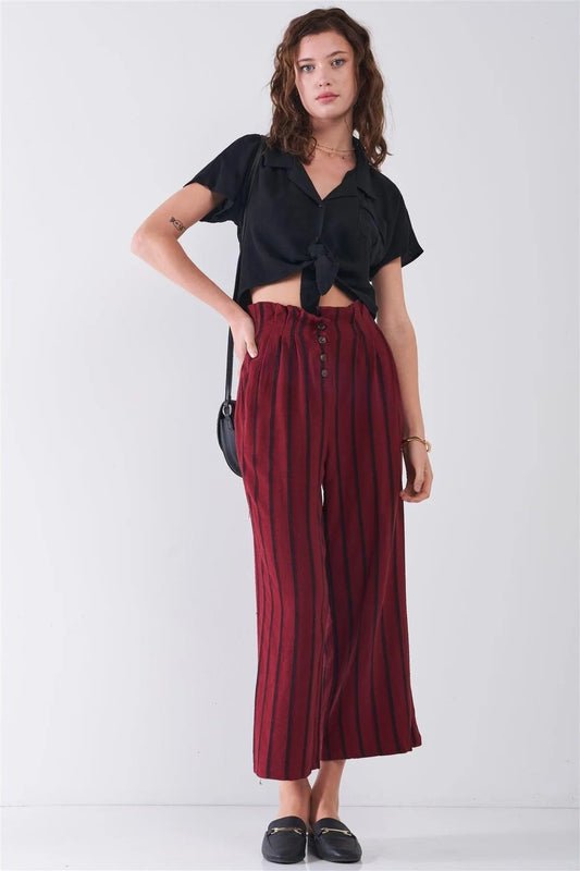Wine & Black Linen Striped Frill Hem Button-Down High Waist Wide Leg Capri Pants /3-2 - Tasha Apparel Wholesale
